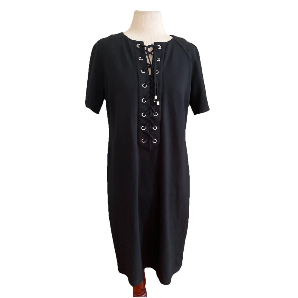 Chicos Dress Black Sz 1 Med  Lace Up‎ Front  Short Sleeve